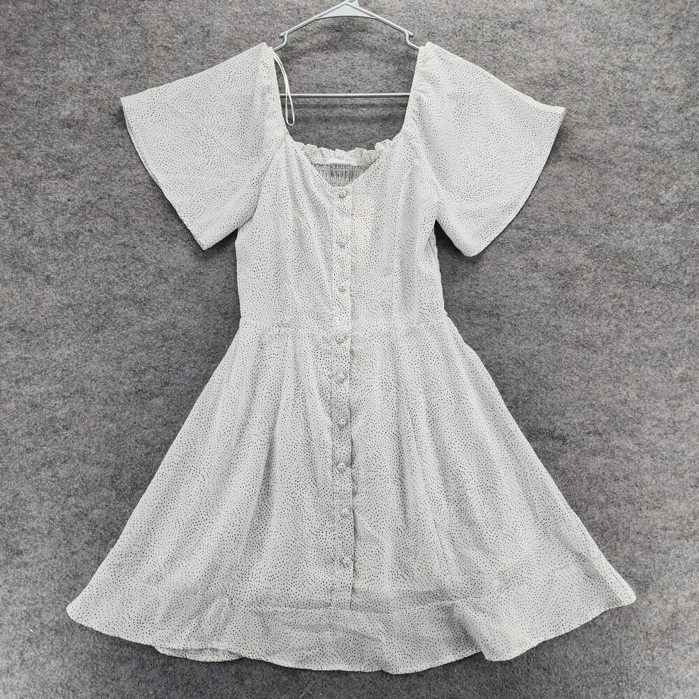 Sienna Sky Dress Womens Small Short Sleeve White Black Dots Button Front